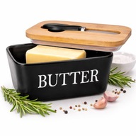 MASELNICZKA CERAMICZNA CZARNA Z NOŻYKIEM POKRYWKA BAMBUSOWA USZCZELKA MASŁO
