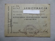 KRAKÓW KATOLICKIE STOWARZYSZENIE MĘŻÓW LEGITYMACJA- 1938 -DOKUMENT- przedw.