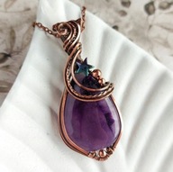 Naszyjnik z ametystem, miedziany wisiorek z kamieniem, biżuteria oryginalna