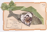 Para Ryba podlepiona na nóżkach Prima Aprilis lata 30 materiał ART Deco