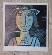 Kobieta w kapeluszu. 30 × 30 cm. 2025 r. (linoryt kol.)