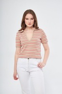 Z A R A paski prążki top t-shirt kołnierz polo szydełkowa beżowy boho crop