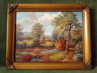 Ręcznie malowany pejzaż olejny na płótnie - w oprawie