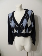 Sweter kardigan krótki M zapinany na guziki granatowy romby styl angielski