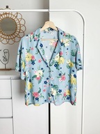 Niebieska koszula krótki rękaw wiskoza kwiaty vintage artystyczny print