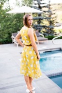 sukienka midi kwiaty wesele tiulowa żółta długa S