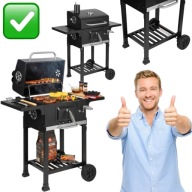GRILL WĘGLOWY STALOWY CZARNY OGRODOWY Z POKRYWĄ, ŻELIWNY RUSZT I TERMOMETR