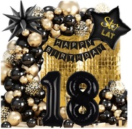 ŚCIANKA BALONOWA ZESTAW DEKORACJI NA 18 URODZINY CZARNO ZŁOTA GIRLANDA