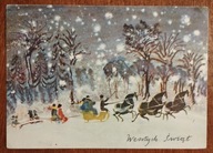 Józef Wilkoń Wesołych Świąt, Kulig, z obiegu 1963, stempel Strzeż dziecka