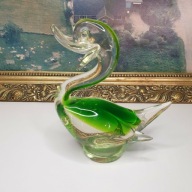 Szklana figurka kaczki zielone szkło artystyczne styl Murano ciężka 16,5 cm