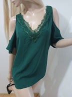 zielona bluzka dekolt z koronką wycięte ramiona vintage L