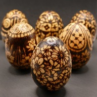 6 unikalnych drewnianych jaj dekoracyjnych - ręcznie zdobione- pirografiia