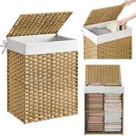 KOSZ NA PRANIE SKLADANY DUZY RATTAN POKRYWA BRAZOWY UCHWYT WASKI BIALY 80L