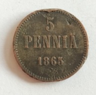 moneta Finlandia pod okupacją 5 pennia 1865 car Aleksander II