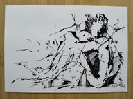 ORYGINALNY RYSUNEK TUSZEM AKT KOBIECY SIEDZĄCA