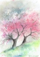 Pejzaż wiosenny , drzewa - akwarela z passe - partout