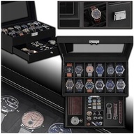 SZKATUŁKA NA ZEGARKI BIŻUTERIĘ DREWNIANA ETUI ORGANIZER CZARNY SZUFLADA x12