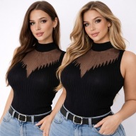 Czarny Top Półgolf Prążkowany Transparentny Elegancki S/M