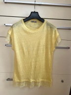 36 S Zara lniany żółty t-shirt bluzka z krótkim rękawem koronka