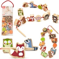DREWNIANE KLOCKI DO NAWLEKANIA ZWIERZĘTA LEŚNE ZESTAW 13 EL. CLASSIC WORLD