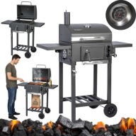 GRILL WĘGLOWY OGRODOWY Z POKRYWĄ ŻELIWNY RUSZT 42x31,5cm + KOMIN TERMOMETR