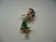 EMALIOWANA BROSZKA KOBIETA Z PARASOLEM KRYSZTAŁKI