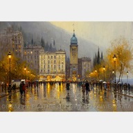 Stare miasto rynek abstrakcja obraz olejny na płótnie 58x85 pałac jesień