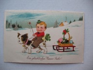 NOWY ROK DZIECKO PIES SANKI przedwojenna POCZTÓWKA