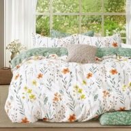 Komplet Pościeli Dwustronnej w Kwiaty 200x220 Zielono Biała Wiosenne Kwiaty