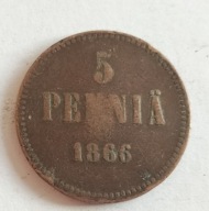moneta Finlandia pod okupacją 5 pennia 1866 car Aleksander II (3)