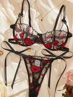 Zmysłowy komplet bielizny haftowane usta napis „Cute” czarno-czerwony 40 L