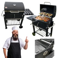 GRILL WĘGLOWY OGRODOWY Z POKRYWĄ PRZENOŚNY DUŻY ŻELIWNY RUSZT + TERMOMETR
