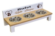 Biały stojak dla kota z 3 miskami stalowymi 13 cm 370 ml + TWÓJ NADRUK