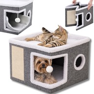 DOMEK DLA KOTA 2-POZIOMOWY LEGOWISKO SKŁADANY BUDKA DRAPAK SZARY 42x42x31cm