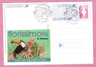 Francja 1996, cp, st. Dijon FLORISSIMO, Wystawa kwiaty, ptaki tukan, JEDWAB