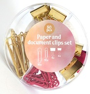 Zestaw spinaczy i klipsów do dokumentów, 50 elementów, złote, różowe