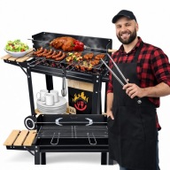 GRILL WĘGLOWY OGRODOWY ROŻEN PÓŁKI NA KÓŁKACH DUŻY MOCNY STALOWY 5w1