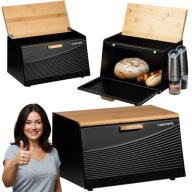 CHLEBAK DUŻY METALOWY BAMBUSOWY CZARNY DREWNIANY OTWIERANY OD GÓRY Z PRZODU