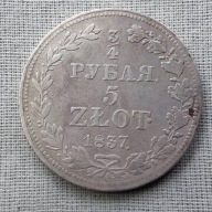 ZABORY, 5 Złotych 3/4 Rubla 1837. MW, ładna/ ładna+, pełen rant