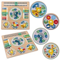 WIELOFUNKCYJNY KALENDARZ DLA DZIECI DREWNIANY Z ZEGAREM TABLICA EDUKACYJNA