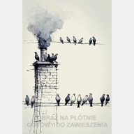 Ptaki na kablach obraz płótno 55x80 szkic gołąb kura dym minimalizm komin