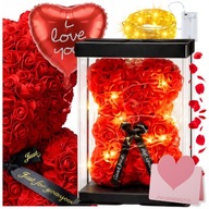 MIŚ Z PŁATKÓW RÓŻ BOX 25cm światełka LED prezent walentynki rocznicę BALON