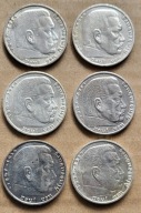 III Rzesza monety 5 Marek 1936-1938 srebro 6 szt Hindenburg