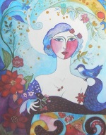 Obraz Awarela Dama Wiosna Kwiaty Ptak