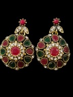 Kolczyki złocone orient kamienie głęboka zieleń butelkowa rubinowa czerwień