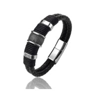Czarna Bransoletka Męska 21 cm Skórzana - Zapinka na Magnes Czarno-Chromowa