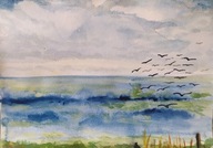 Akwarela, obraz, obrazek, pejzaż rozlewisko