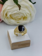 Złoty Sygnet Męski stal 316L z Czarnym Onyksem Grawerowany Retro rozmiar 13