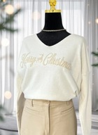 Sweter dekolt V damski casual świąteczny kremowy beżowy luźny wiskoza L 40