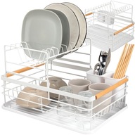 DWUPOZIOMOWA SUSZARKA DO NACZYŃ BIAŁA OCIEKACZ DUŻA DREWNIANE RĄCZK